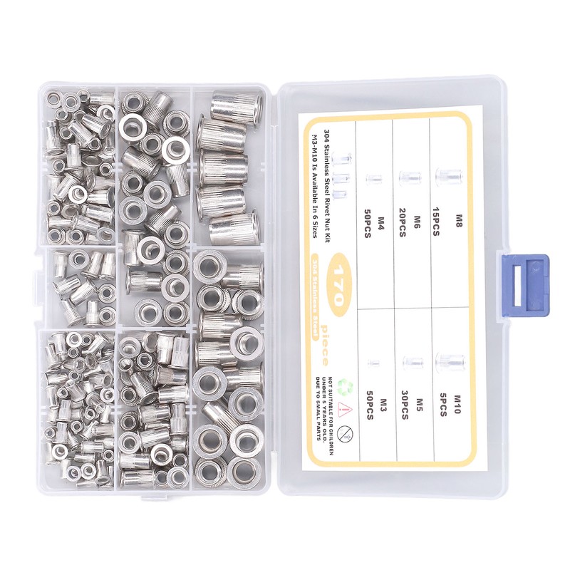 170pcs M3‑M10 304 Stainless Steel Rivet Nuts Durable Flat Head