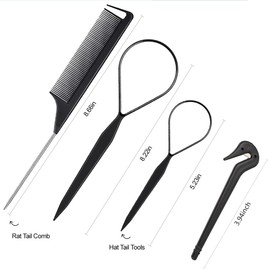 Topsy Tail Hair Tool - 4pcs Hair Looping Tool,Hair Braiding Tool with Rat Tail Comb,Tail French Braid Loop Tool,Hair Braiding Tool for Making Girls Hair Style,Hair Braiding Tool French Braid Loop Tool
