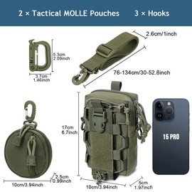MUCHER Molle Tactical Shoulder Bag Molle Bottle Holder Durable Multifunctional Belt Bags with Shoulder Strap and 3 Hooks for Outdoor Hiking Hunting Camping Training (Army Green)