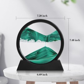 KPNUWN Moving Sand Art Liquid Motion, 3D Deep Sea Sandscape Color Quicksand Decor, Round Glass Moving Sand Art Picture Relaxing Desktop Home Office Work Decor (Green, 7 inch)