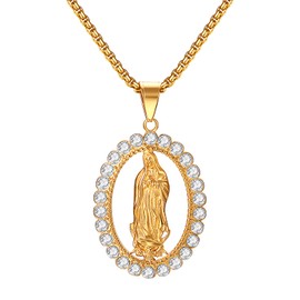OIDEA Women's Virgin Mary Necklace: Mother of God Oval Medal Pendant with Stainless Steel Chain with Rhinestone Religious Catholic Christian Jewellery Gift for Women Girls, Stainless Steel Gold