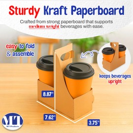 MT Products Brown 2 Cup Carrier 7.62" x 3.75" x 8.87" - Small Kraft Drink Carrier with Handles (Pack of 15) - Made in The USA
