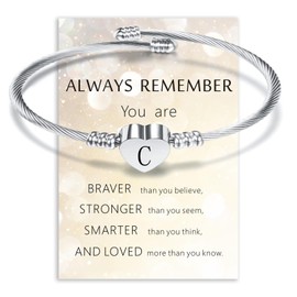 Initial Letter Cuff Bracelet, Silver Charm Bracelet, Alphabet Love Heart Bangle Bracelets, Silver Bangles for Women Girls Gift for Birthday Stainless Steel (C)