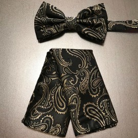 Brand Q New Men Black GOLD BUTTERFLY Bow tie And Pocket Square Handkerchief Set Wedding