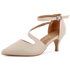 Greatonu Women's Pointed Toe Court Shoes with Ankle Strap and Kitten Heel, Beige T