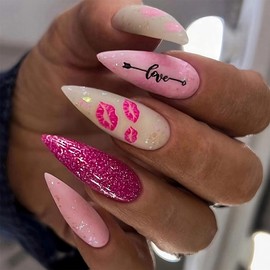 Hot Pink Kisses Press on Nails Long Stiletto Valentines Day Fake Nails with Pink Lip Black Love Letter Design Pink Glitter False Nails Valentine Glue on Nails Artificial Stick on Nails for Women Girls
