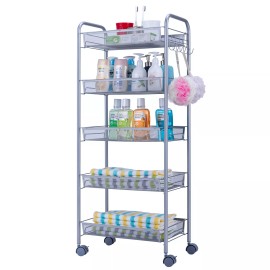 Unbranded US 5-Tiers Silver Rolling Honeycomb Mesh Style Removable Storage Cart Shelf Rack