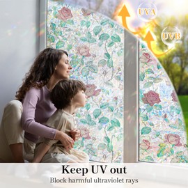 DARUITE Stained Glass Window Film, Rainbow Effect Rose Pattern Decorative Window Films, Anti UV Static Privacy Film for Glass Windows for Home Office, 30 x 100cm