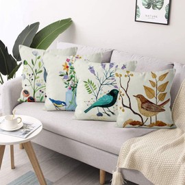 ASDCXZ Spring Pillow Cover 40x40 cm 4pcs Set, Flower Bird Pattern Beige Sofa Cushion Decorative Cushion Covers Pillow Cover Washable Polyester Flax Textile Outdoor Upholstery Pillow Cover Pillow Cover