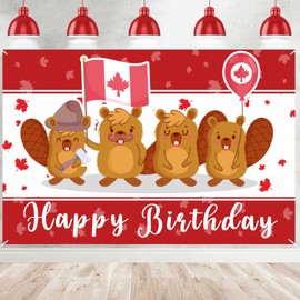 Happy Birthday Canada Day Banner Backdrop Beaver Maple Leaf Canadian Flag Background Decorations for 1st of July The National Holiday of Canada Celebration Party Favors Decor Supplies 73"x 43"