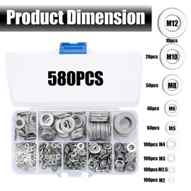 Flat Washers Sets, 580 Pcs Fender Washers, M2-M12 Stainless Steel Fender Washers for Bolts, Screws