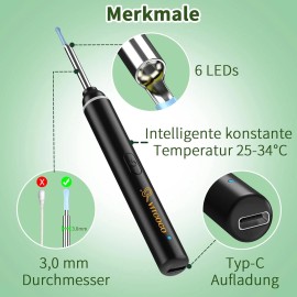 VITCOCO Visual Ear Wax Remover Tool – 1920P HD Camera, 6 LED Lights, 8 Spoons for Adults