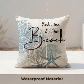 Take Me to The Beach Summer Outdoor Waterproof Throw Pillow Covers, 18 x 18 Inch Blue Ocean Starfish Holiday Decorative Cushion Cases for Patio Furniture Garden Set of 4