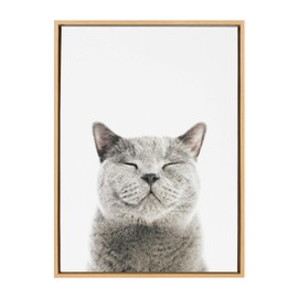 Kate and Laurel Sylvie Smiling Cat Framed Canvas Wall Art by Amy Peterson, 18x24 Natural, Adorable Animal Wall Decor