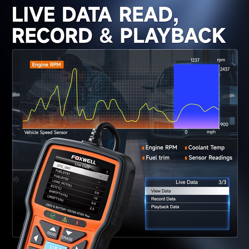 Upgraded of NT301, 2-in-1 FOXWELL NT301 Plus OBD2 Scanner Battery