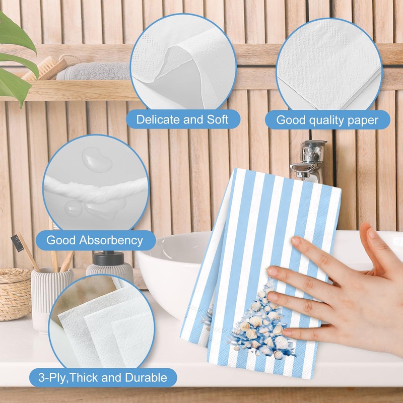 100 Pcs Seashell Christmas Tree Guest Napkins Watercolor Summer Stripe