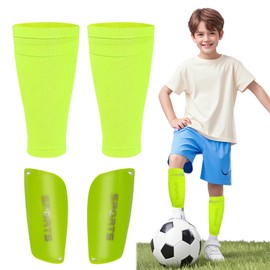FOSDICK Football Shin Pads Kids with Elastic Sleeves, Shin Pads Boys for Age 5-12, shin Guards Football, shin Defender Kids, Shinpads, Leg Calf Protective(Fluorescent Green)