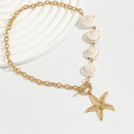 Gold Plated Starfish White Conch Imitation Pearl Charm Choker Pendant Necklace for Women Cute Seaside Beach Necklaces Toggle Clasp Hypoallergenic Fashion Trendy Summer Jewelry 16"