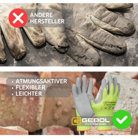 Gebol G-Base Neon, 6 Paar Arbeitshandschuhe für Herren, 13G Polyester beschichtet mit Latexschaum, touchscreenfähig für Montage & Werkstatt, Gr. M/8