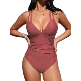 CUPSHE Women's One Piece Swimsuit Tummy Control Deep V Neck Double Straps Crisscross Back Tie Bathing Suit M, Brick Red