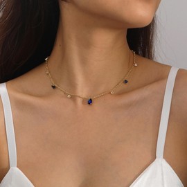 RLMOON Gold Necklace for Women 14K Gold Plated CZ Diamond Choker Necklace Red Emerald Green Blue Black Teardrop Necklace for Bridesmaid Prom Trendy Gold Jewelry Gift (Sapphire Blue)