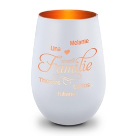 GRAVURZEILE Deko Windlicht aus Glas mit Gravur - Unsere Familie - Personalisiert mit bis zu fünf Namen - Persönliche Geschenke für Frauen und Männer zum Geburtstag Weihnachten - Weiß/Bronze
