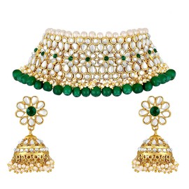 Aheli Elegant Indian Traditional Wedding Wear Kundan Pearl Encrusted Choker Necklace Set with Jhumki Earrings Ethnic Bollywood Party Gift for Women