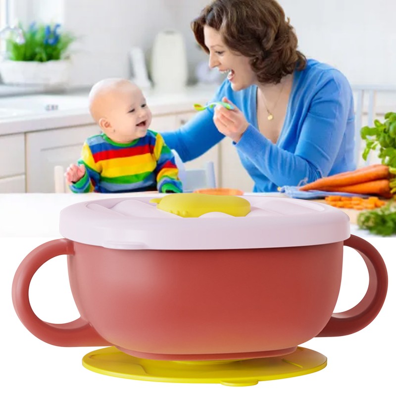 Toddler Suction Cup Bowls with Lids Prevent Falling Stainless Steel