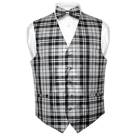 Men's Plaid Design Dress Vest & BOWTie Black Gray White BOW Tie Set Large