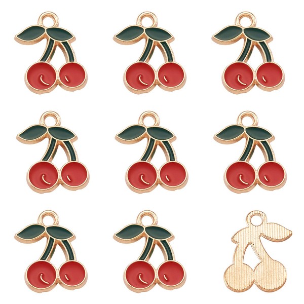 Cheriswelry 100 Pieces Enamel Pendant Cherry Dangle Charms Light Gold