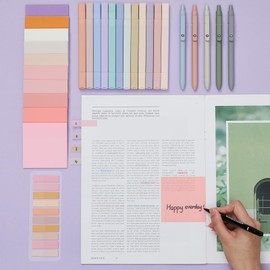 Jutom 38 Pcs Book Annotation Kit Aesthetic Highlighters Gel Pens Set Sticky Notes Tabs Markers Dual Ended Highlighter Quick Dry Ink Pens for Office Annotating Books(Pink Series,Square)