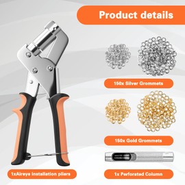 Eyelet Punch Kit, 10mm Grommet Tool Kit with 200 Pcs Mental Grommets, Metal Magnetic Eyelet Pliers, Hole Punch Tool for Fabric Belts Poster Canvas Tarpaulins