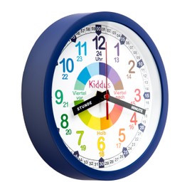 Kiddus Wall Clock for Children, Boys and Girls, Analogue Time Teacher with Time Learning Exercises, Easy to Read, Easy to Learn to Tell the Time, German blue