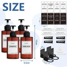 Shampoo and Conditioner Dispenser Wall Mount, 4 Pack 10oz Shampoo Dispenser for Shower No Drill, Shower Bottles Refillable with Labels Pump Bottle Dispenser for Bathroom Kitchen, Amber