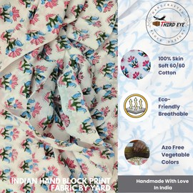 Hand Block Print 100% Cotton Fabric by The Yard PRECUT 1 Yard 42 Inch Width for Dressmaking & Crafting – Soft Cotton Quilting Fabric for Sewing (Dusty Rose HippieBlue Floral Print, 3 Yard Pre Cut)