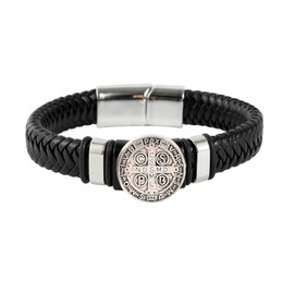 Eigso Leather Saint Cross Cuff Bracelet for Men Women Trend Christian Pendant Punk Wristband for Man Woman