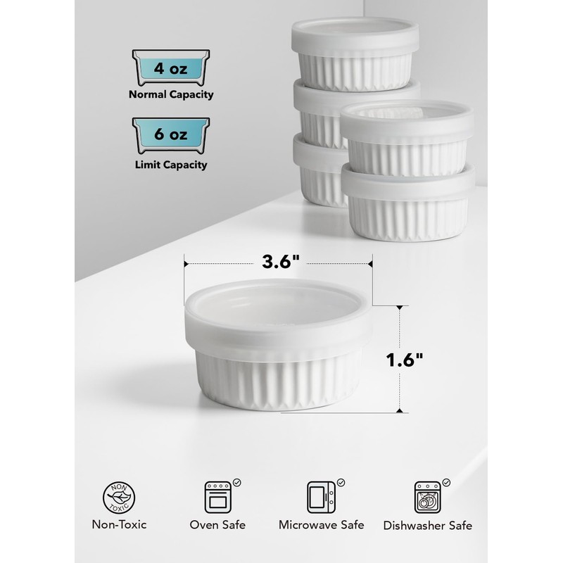 LE TAUCI Ramekins with Lids, 4 OZ Ramekins Oven Safe,