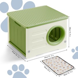Plastic Cat House for Outdoor Indoor Use, Stackable Feral Cat Shelter Indoor Cat House Weatherproof Waterproof Elevated, with 2-Sided Cushion (Green)