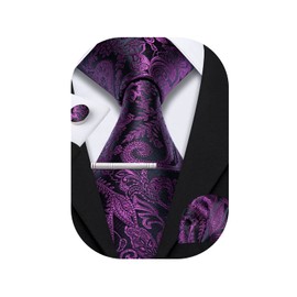 Barry.Wang Men's Silk Paisley Ties with Handkerchief Cufflink Tie Set Festive Wedding 3 Pieces, dark purple