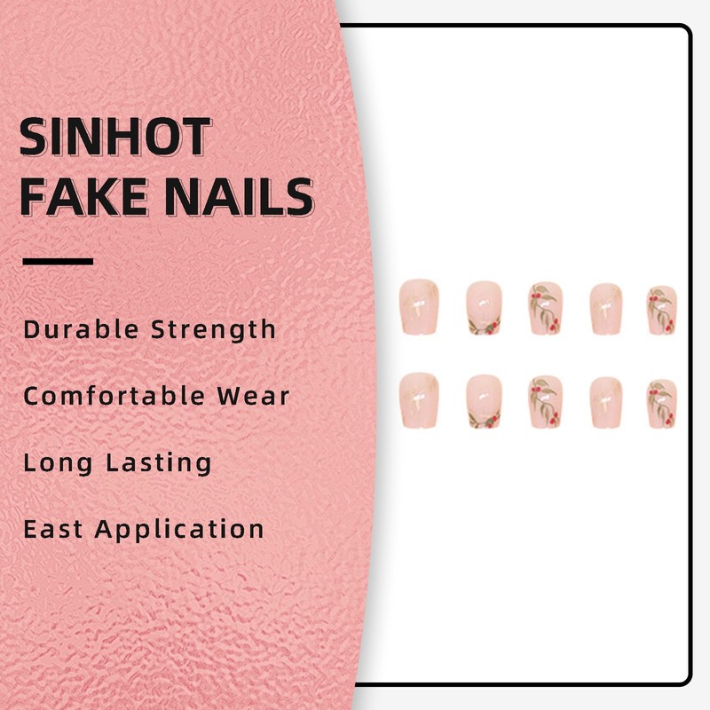 SINHOT Press on Nails Short Coffin Butterfly Grass Fake Nails
