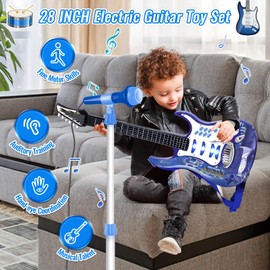 deAO Musical Guitar Play Set,Adjustable Height Microphone,Amplifier Set with Stand,Music Light Karaoke Music Toys Birthday for Kids Boys Girls