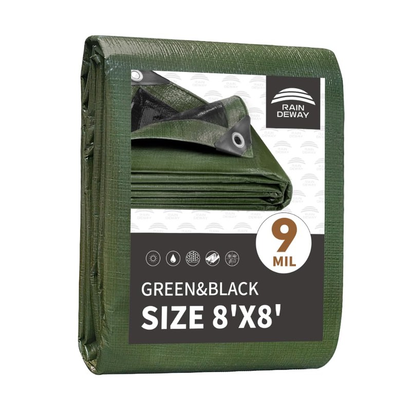 RAINDEWAY Tarps 8x8 Feet,Tarp Waterproof,9Mil Thick,Finished Size,Multipurpose Poly Tarp Cover