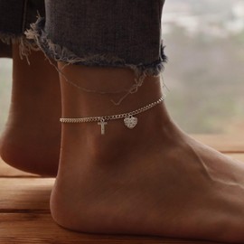 Feskive Initial Ankle Bracelets for Women Silver Plated Dainty Cuba Thin Chain Letter Name Anklets Cubic Zirconia Heart Anklets Bracelets Waterproof Minimalist Simple Anklets Fashion Summer Jewelry Anklet For Women