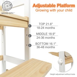 WOOD CITY Kitchen Stool Helper for Kids with Non-Slip Mat, Toddler Standing Tower for Learning, Wooden Toddler Stepping Stool for Counter & Bathroom Sink (White-Burlywood-Adjustable-Adjustable)