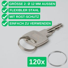 Sturdy Split Rings, Diameter 12 mm Outer, 120 Pieces, Made of Hardened Steel, in Silver, DIY Key Rings, Key Organisation, Rings Craft, Metal O-Rings Kit, Eyelet Rings Set