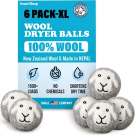 Smart Sheep Wool Dryer Balls - 6-Pack - XL Premium Natural Fabric Softener Award-Winning - Wool Balls Replaces Dryer Sheets - Wool Balls for Dryer - Laundry Balls for Dryer
