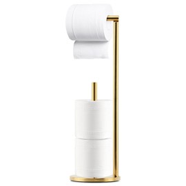 Toilet Roll Holder FreeStanding, Foldable Brushed Brass Toilet Roll Stand Storage Stainless Steel Bathroom, FreeStanding Dispenser Holds(Gold)