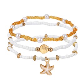 Mikovivi 3pcs Boho Shell Anklet Set for Women, Stretchable Beach Starfish Pearl Beads Seashell Ankle Bracelets Summer Fashion Foot Jewelry for Vacation Seaside Party Gift