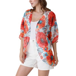 Ambesonne Flowers Women's Kimono Sheer Chiffon Cardigan Boho Watercolor, Medium