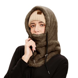 Fleece Balaclava Fuzzy Ski Mask for Women Warm Winter Hats for Women Ski Face Cover Integrated Ear Protection Windproof, Brown, One Size